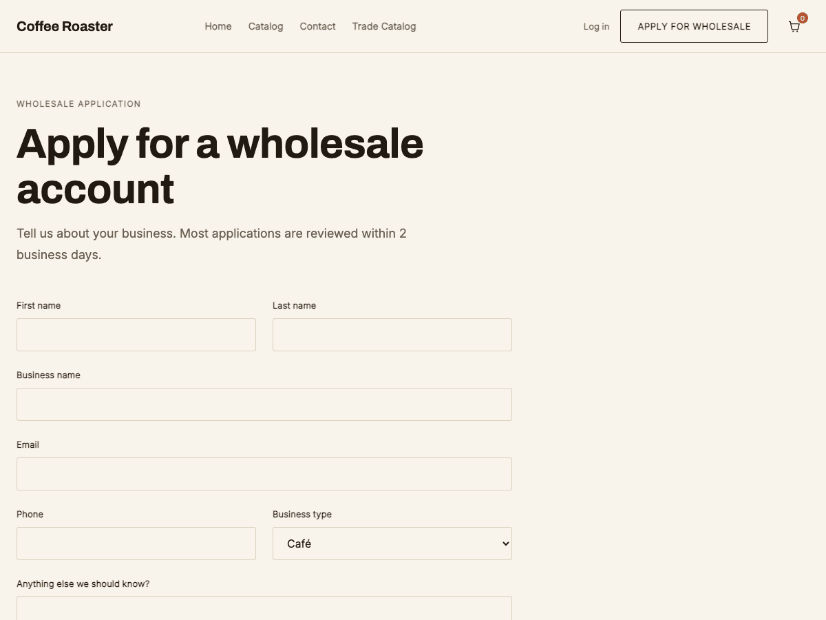 Wholesale application form collecting business details for approval