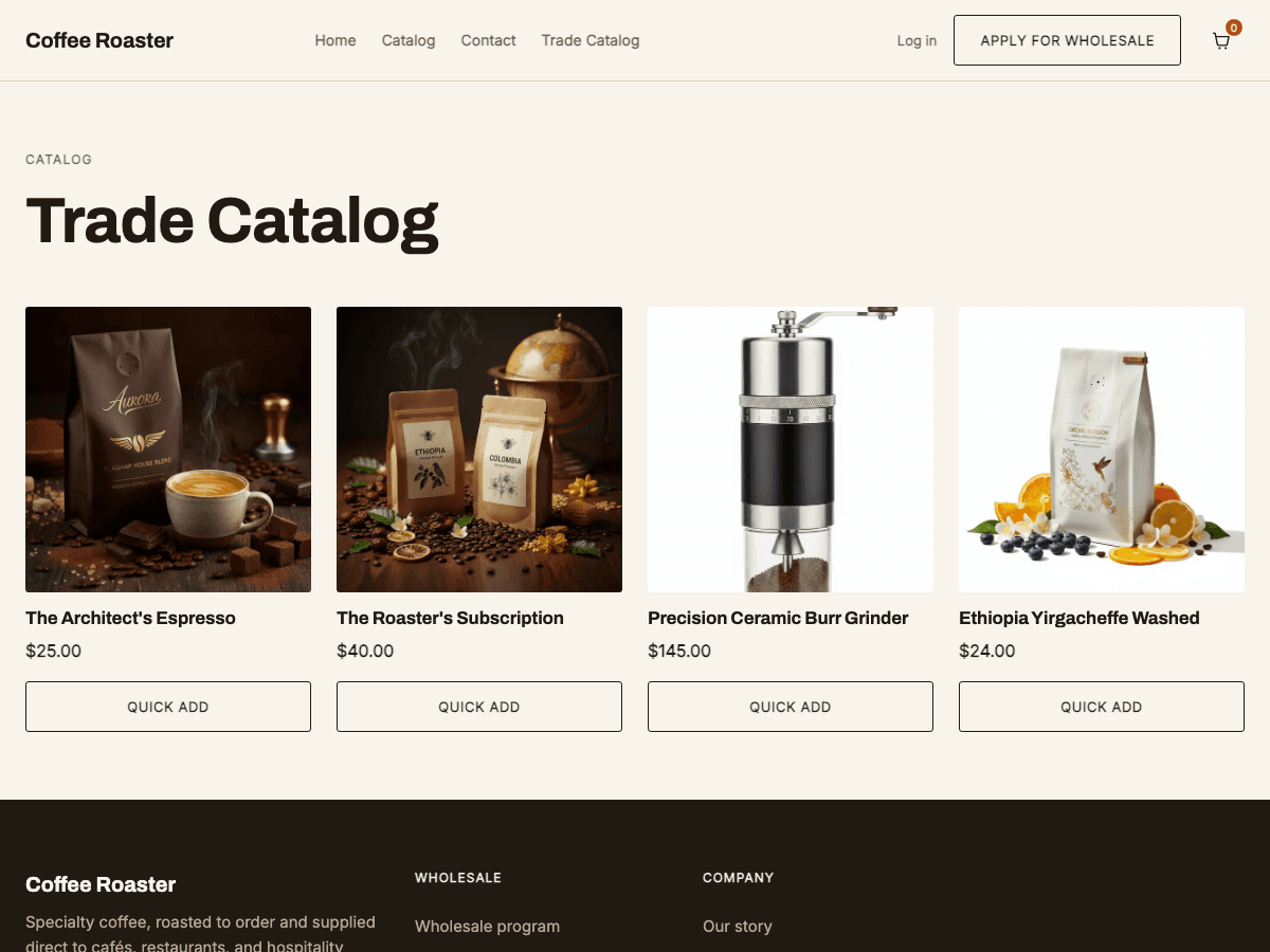 Trade catalog collection grid with quick-add buttons