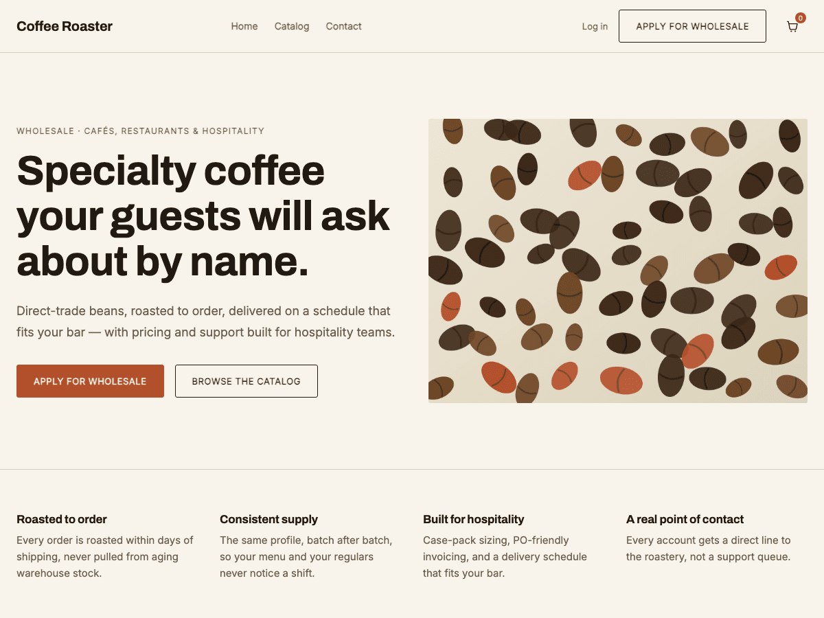 Wholesale Roast Shopify Liquid theme — B2B coffee wholesale storefront with trade pricing and a hospitality-focused hero section