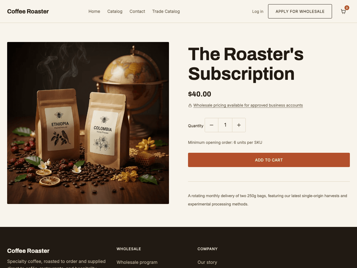 Product page showing a locked wholesale pricing note for a non-approved visitor