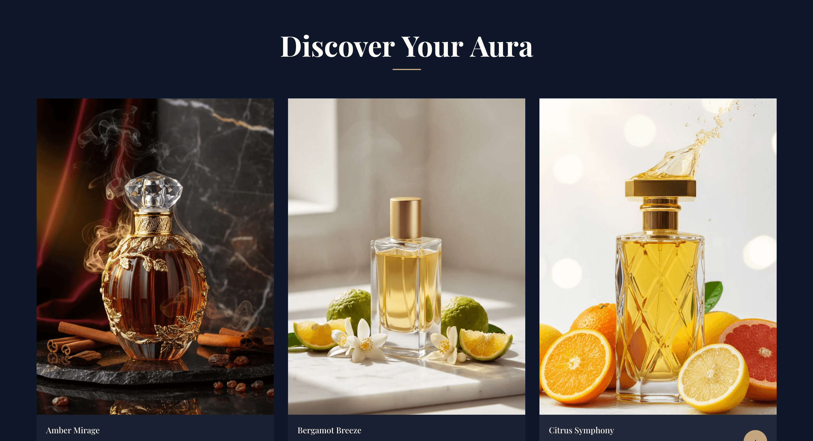Aura Fragrances three-column shop grid with product collections layout