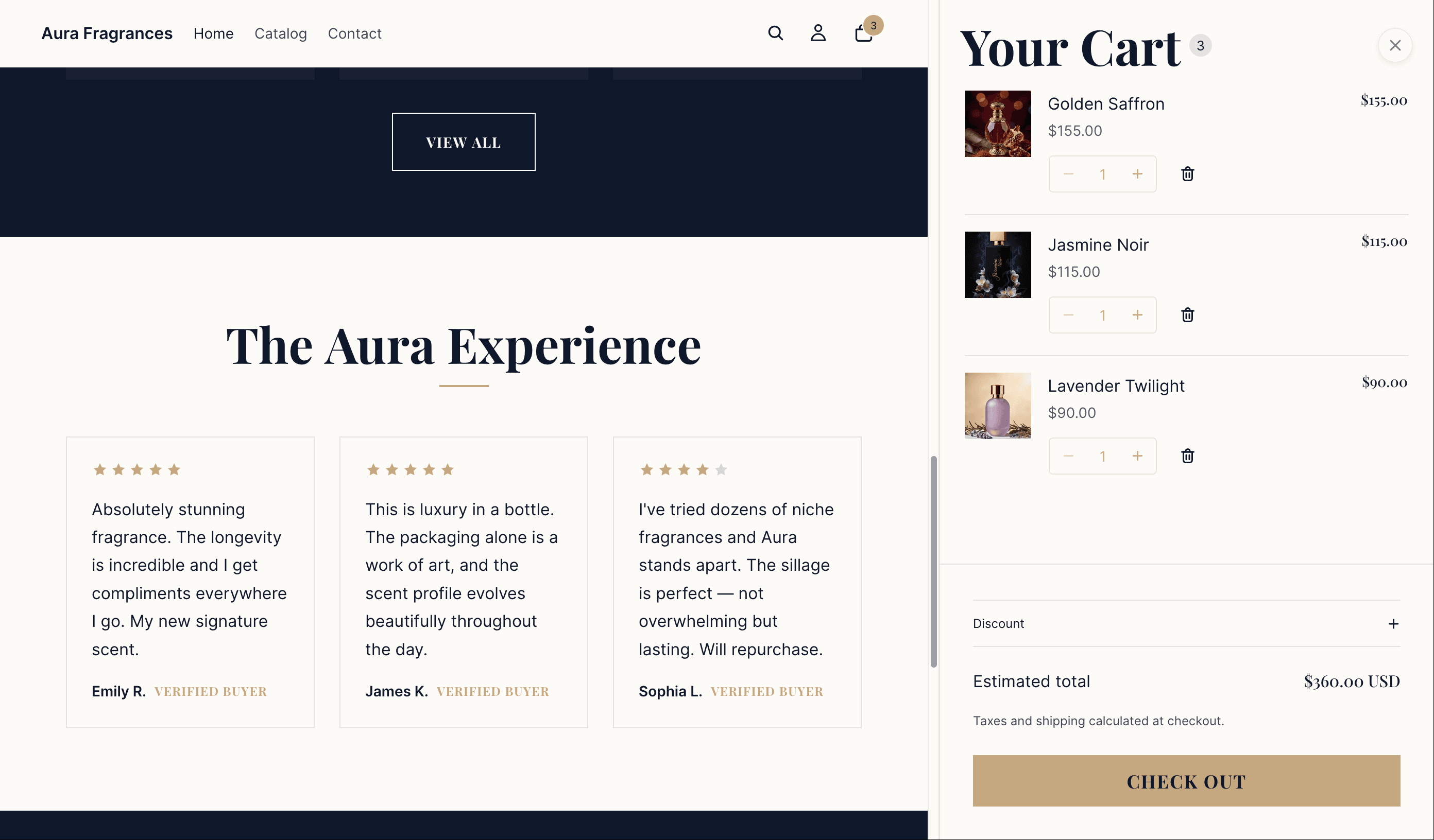 Aura Fragrances sliding AJAX cart drawer with frictionless checkout interface
